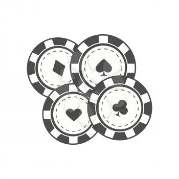 Gambling chips vector in monochrome, black color. Four casino chips with card suits. Illustration for gambling industry, sport lottery services, icons, web pages, logo design. Isolated on white