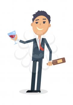 Man with bottle of wine and glass isolated on white. Young man toast the success. Drunk boy with alcohol. Alcohol addicted person with a bottle. Alcoholism. Vector illustration in flat style.