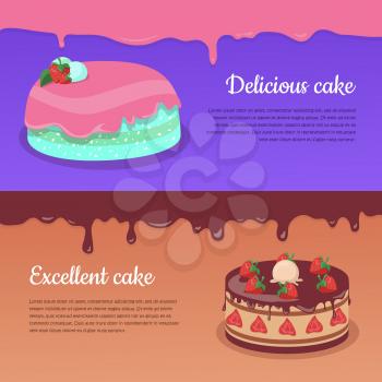 Delicious cake. Excellent cake. Strawberry pie vector Illustration. Flat design. Home baking. Tasty sweet fruit cake, covered glaze, with berry. For bakery, confectionery, cafe advertising, menu app