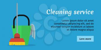 Blue cleaning service banner with green bucket, red mop and dustert. House cleaning service, professional office cleaning, home cleaning, domestic cleaning service illustration. Website template