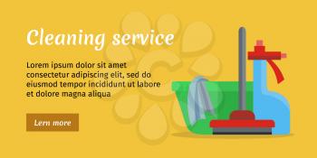 Orange cleaning service banner with green basin, mop and duster. House cleaning service, professional office cleaning, home cleaning, domestic cleaning service illustration in flat. Website template