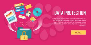 Data protection concept web banner. Flat style. Internet security. Folder secured by lock, documents with indexes, binders, e-mail, letters, cloud, discs icons. For cloud services, encryption app ad