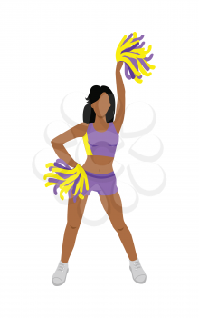 Cheerleader girl. Cheerleading pompoms. Dancing to support football team during competition. Violet and yellow cheerleader uniform. High school cheerleading costume. Figure of young girl. Vector