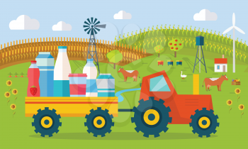 Milk eco farm concept vector. Flat design. tractor with trailer fill dairy products, traditional farm landscape with farmyard, domestic animals, houses, apiary, windmill, river, fields and garden. 