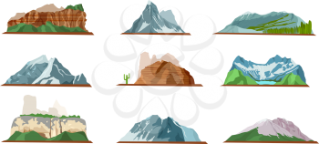 Nature mountain silhouette elements set. Outdoor icon hill tops. Ice-hill, barrow mountain heap pile mount. Trees, lake near mountains. Camping landscape travel climbing or hiking mountains. Vector