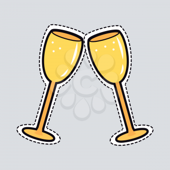 Illustration of two clinking golden glasses. Cut out of paper. Simple cartoon design. Bright yellow cups for champagne in oval shape on long legs. Some bubbles inside. Flat design. Side view. Vector