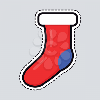 Red christmas stocking isolated illustration patch. Sock with white fur and blue piece of cloth on heel. Hanging stocking. Cut out of paper. Simple cartoon style. Side view. Flat design. Vector