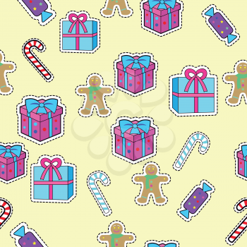 New year gift boxes, candy sticks, gingerbread boy seamless pattern. Christmas elements in simple cartoon design. New Year concept. Wallpaper design endless texture. Vector illustration in flat style