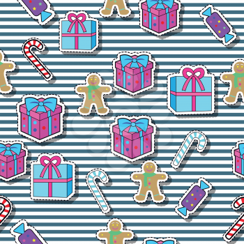 New year gift boxes, candy sticks, gingerbread boy seamless pattern on striped background. Christmas elements in simple cartoon design. New Year concept. Wallpaper design endless texture. Vector