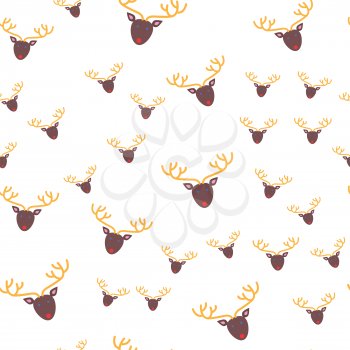 Deer head seamless pattern. Brown oval face with blue eyes and red mouth. Yellow long ramified horns. Cartoon style. New Year toy in fat style. Wallpaper design endless texture. Vector illustration