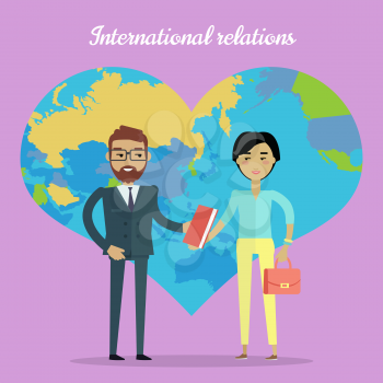 International relations vector concept. Flat design. Nations cooperation and collaborations. Caucasian man, asian woman standing and sharing book on violet background with world map in shape of heart