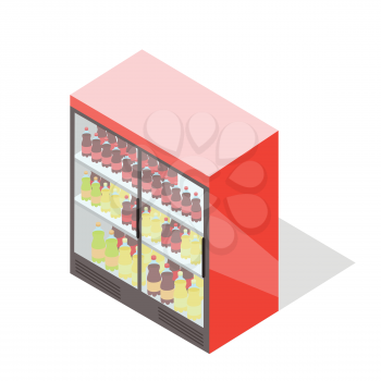 Showcase refrigerator for cooling drinks in bottles. Fridge dispenser cooling machine. Isolated object in flat style design. Vertical refrigerator with transparent front panels. Vector illustration