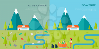Nature pollution and scavenge concept vector. Flat style design. Two illustrations of same mountain landscape with house, trees, river first contaminated human waste and then cleaned by man. 