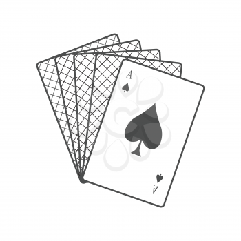 Playing Cards vector in monochrome, black color. Spread out cards with ace on top. Illustration for gambling industry, sport lottery services, icons, web pages, logo design. Isolated on white