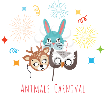Animal carnival funny childish masks with fireworks. Masks of forest animals deer with rabbit and owl. Vector illustration of masques for festivals and children holidays. Dress code for kids in flat