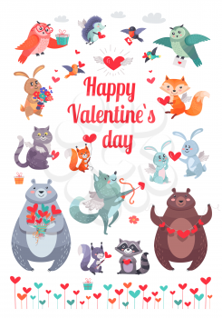Greeting happy Valentine s day card with different animals in flat design. Rabbits and bears, foxes near owl birds, wolf with raccoon holding presents. Celebrating vector poster in cartoon style.