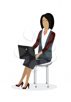 Business woman working with laptop in office. Woman in business suit sitting on the chair and using laptop. Business woman at the workplace. Isolated object in flat design on white background.