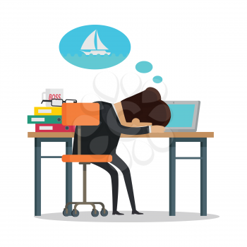 Young businessman in black business suit sleeping and dreaming about yachting. Summer vacation at sea concept. Business people in office. Vector illustration in flat design.