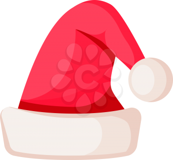 Santa Claus hat isolated on white. Classical winter fur woolen cap. Father Christmas warm red hat with pompom. Flat icon winter holiday snowboarding accessory in cartoon style vector illustration