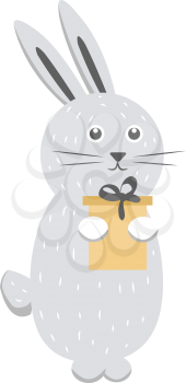 Gray rabbit with gift box isolated on white. Banner with editable animal in cartoon comic retro style. Vector illustration of hare with golden present wish Merry Christmas and Happy New Year