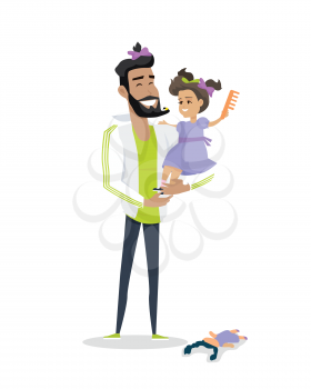 My dad is my best friend vector banner. Flat design. Daughter beard comb and braid her father sitting in his arms. Playing with child. Father day celebrating. Family values and relationships.