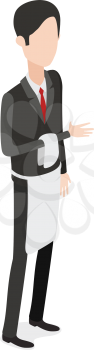 Restaurant. Full length portrait of waiter holding towel on bent arm. Isolated brunet man. Hasher wearing black classical suit and shoes with red tie and long white apron on waist. Flat design. Vector