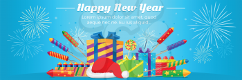 Happy New Year 2017. Collection of colourful fireworks, gift boxes, Santa Claus hat on blue background. Attributes of New year lollipop and winter decorations on greeting card. Vector illustration.