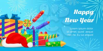 Happy New Year 2017. Collection of colourful fireworks, gift boxes, Santa Claus hat on blue background. Attributes of New year lollipop and winter decorations on greeting card. Vector illustration.