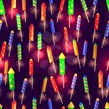 Seamless pattern of bright glossy exploding rockets endless texture on violet. Illustration of New Year decorations with colourful fireworks in cartoon style. Vector wrapping paper wallpaper design.