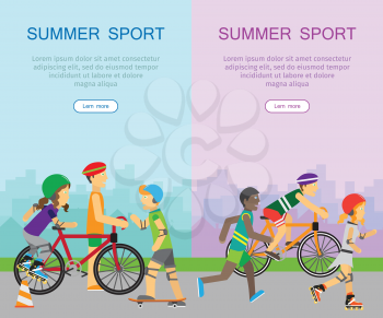Two summer sport banners. People in sports uniforms riding a bike, roller skating, skateboarding and running on background of urban landscape. Summer vacation, healthy lifestyle, leisure activities