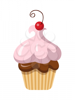Round fruit cupcake with one cherry on top of it. Sweets. Baked cake with chocolate filling and pink airy cream in simple cartoon style. Light baking form. Side view of colourful bun. Vector
