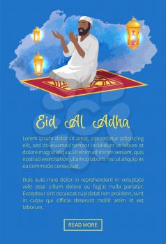 Eid Al Adha web page with text sample, man praying and raising hands above head, sitting on rug, lanterns glowing brightly, site vector illustration