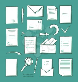 Office paper and magnifying glass isolated icons vector. Pages and arrowheads, envelopes with letters and business correspondence. Pointers and mail