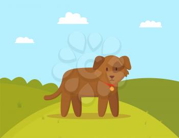 Brown puppy on walk colorful vector illustration, pretty pet with spot on eye, sunny day and white clouds in sky, set of round hill with green grass