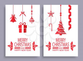 Merry Christmas and happy New Year set of cards with festive gifts and decorated xmas tree on white background. Vector illustration with New Year symbols