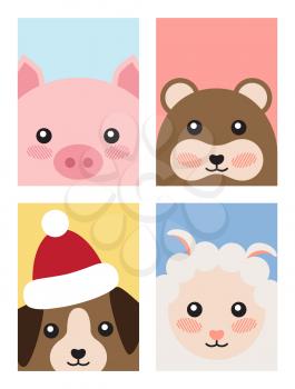 Set of animals covers design with head of pink pig, funny mouse, dog in Santa s hat, cute sheep vector New Year symbols greeting card in cartoon style