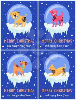 Merry Christmas and happy New Year dog symbol in snowy bubble on dark background. Vector illustration with friendly rottweiler and playing akita