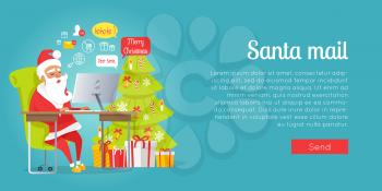 Merry Christmas web banner of Santa mail. Vector portrait in cartoon style of happy Santa Claus sitting at table near decorated Christmas tree with gift boxes and reading online Christmas letters.