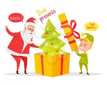 Delivering best Christmas presents cartoon concept. Cheerful Santa Claus and smiling cute elf opening big giftbox with decorated Christmas tree flat vector illustration isolated on white background