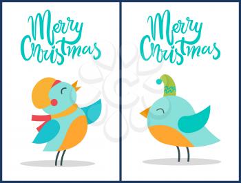 Merry Christmas, collection of birds wearing hats of different colors and scarf, closed their eyes and titles placed above them vector illustration
