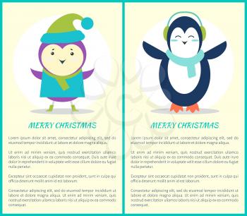 Merry Christmas, poster representing penguin with scarf and headphones and purple bird wearing sweater and knitted green hat on vector illustration