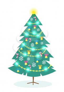 Nice decorated Christmas tree on white background for celebration Eve. Vector illustration of dark green fir tree with golden handbells, white snowflakes, candy canes and bright lights of festoon.