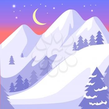 Beautiful landscape of high snowy white mountains and moon with bright stars on blue sky. Vector background with gray forest and hilly field. Among pitch grow fir trees, snowy hills scenery
