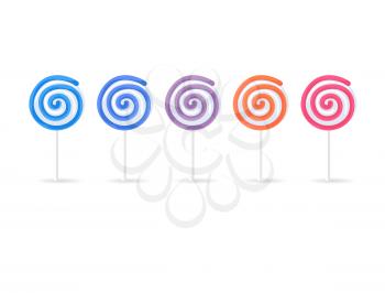 Swirl lollipops candy set isolated on white background. Sweet spiral sugar dessert on stick, lolly bonbons icon vector illustration. Colorful caramel in flat style design. Confectionery striped treats