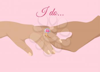 I do sensual web banner with man and woman hands on pink background. Proposal agreement touching moment vector illustration. Man puts beautiful engagement ring with red precious stone on woman