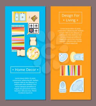 Home decor and design for living, web pages pictures with items in kitchen, stove and table, and in bathroom, shower and toilet vector illustration