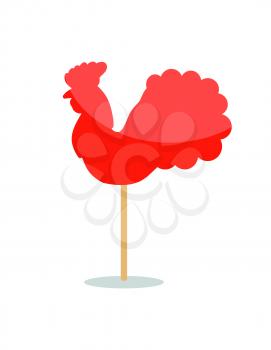 Red peacock lollipop icon on stick isolated on white background. Vector illustration with red sweet shiny candy in shape of rooster