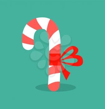 Lollipop decorated with bow icon isolated on green background. Vector illustration with big striped sweet candy with red shiny ribbon