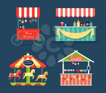Bright fair counters with sweet candies and tasty drinks, funny merry-go-round with horses isolated vector illustrations set on blue background.