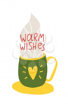 Warm wishes congratulation icon isolated on white background. Vector illustration contains green cup with drawn yellow heart and steam from hot drink